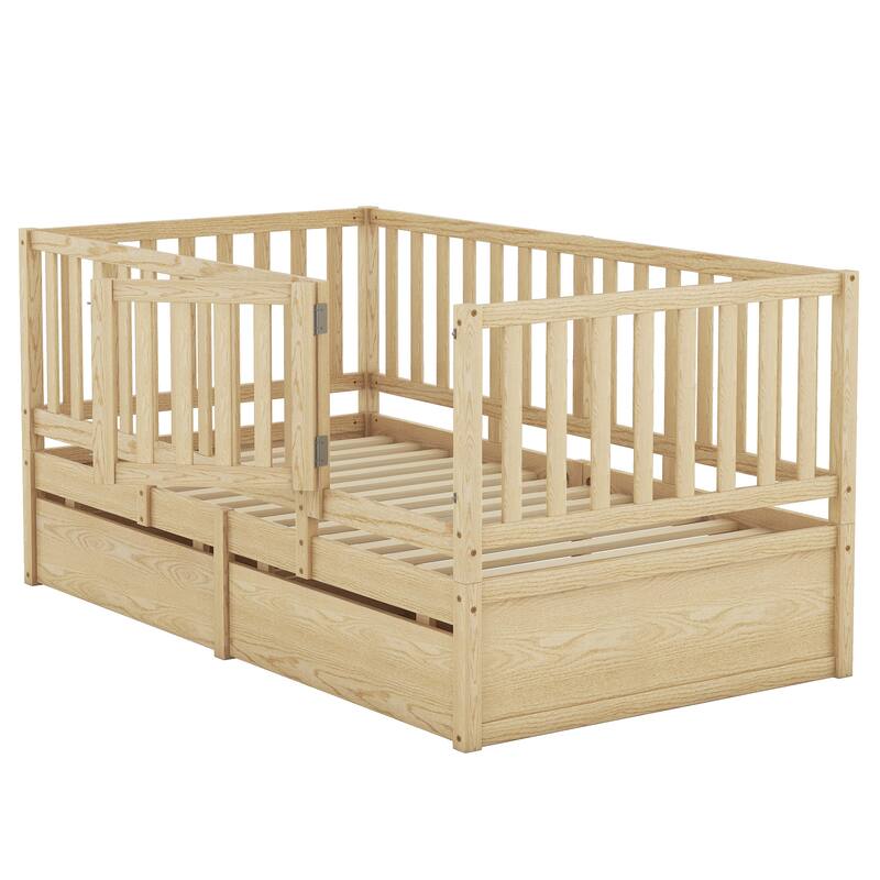 Modern Wood Daybed with Fence Guardrails and 2 Drawers