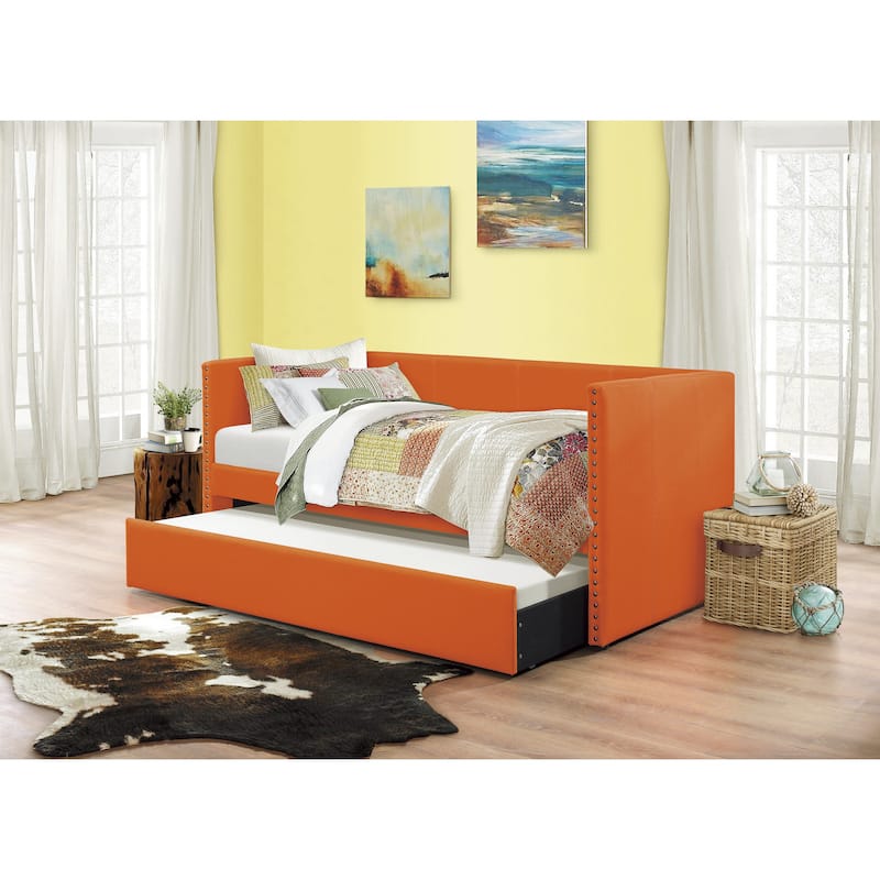 Fabric Upholstered Day Bed with Pull-out Trundle Nailhead Trim Wood