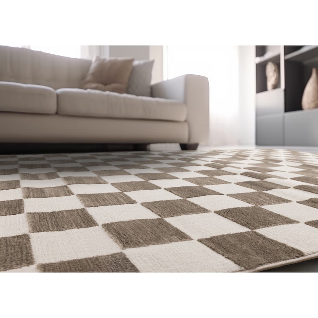 Leopold Collection - Checkered Brown White Geometric Area Rug
