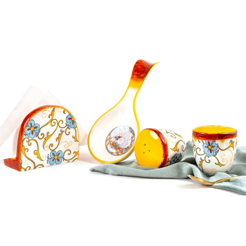 Euro Ceramica Duomo 4 Piece Table Accessory Set - Salt & Pepper Shaker & Spoon Rest & Napkin Holder - 12 in. x 6 in. x 6.7 in.