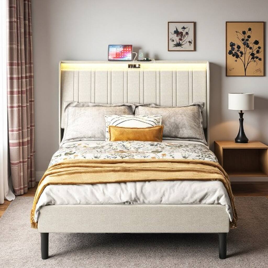Queen Size Upholstered Platform Bed with Charging Ports, Padded Headboard and Wood Slat Support, Noise-Free Metal Frame