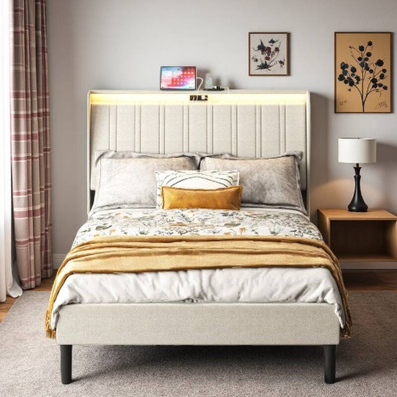 Queen Size Upholstered Platform Bed with Charging Ports, Padded Headboard and Wood Slat Support, Noise-Free Metal Frame - Twin Beige - Twin