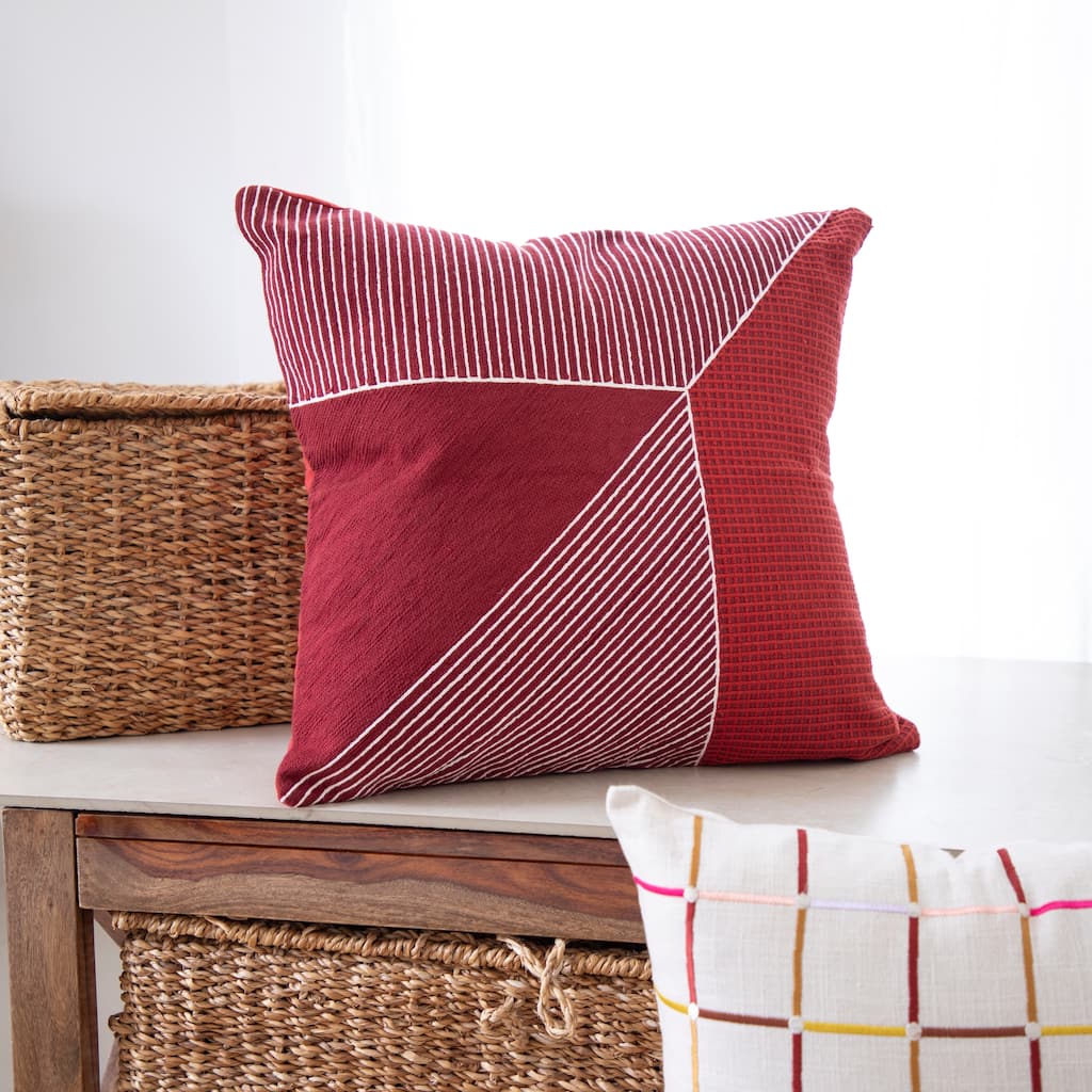Handwoven Stripe Embroidered Square Throw Pillow - 24" - Rust Red and White