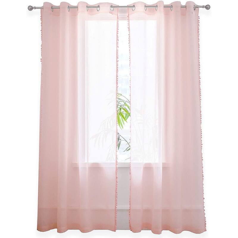 DriftAway Laura Pom Pom Trimmed Solid Sheer Window Curtains - 52" width x 84 " length - Soft Pink