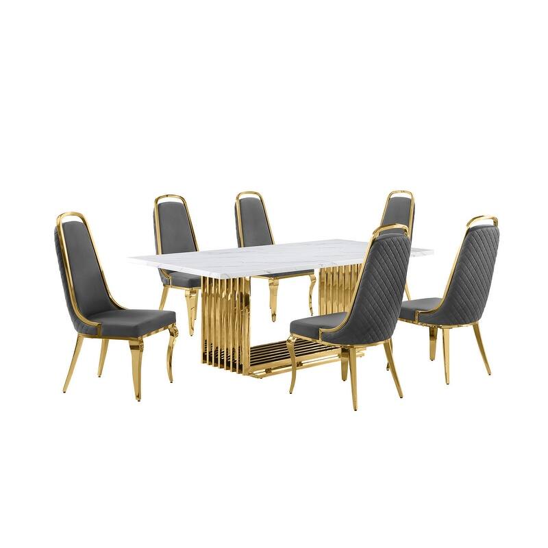 Best Quality Furniture D312/3-SC310-7 Dining Set with 79" White Marble Top