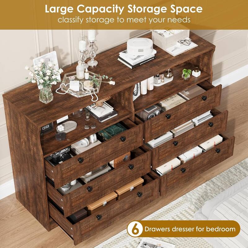 6 Drawer Dresser for Bedroom with Power Outlet and LED Light