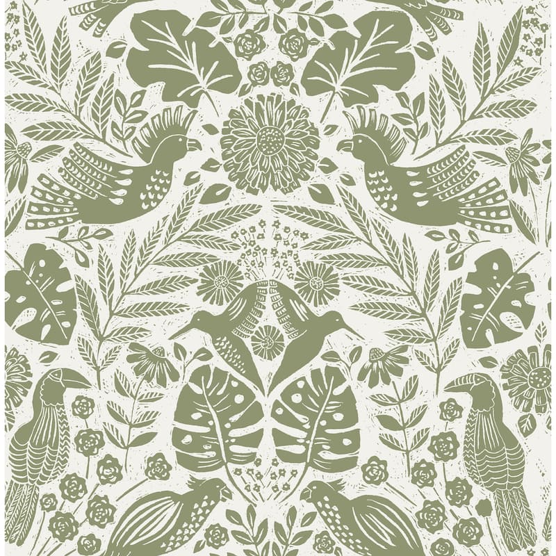 A-Street Prints Nestle Green Bird Block Print Wallpaper