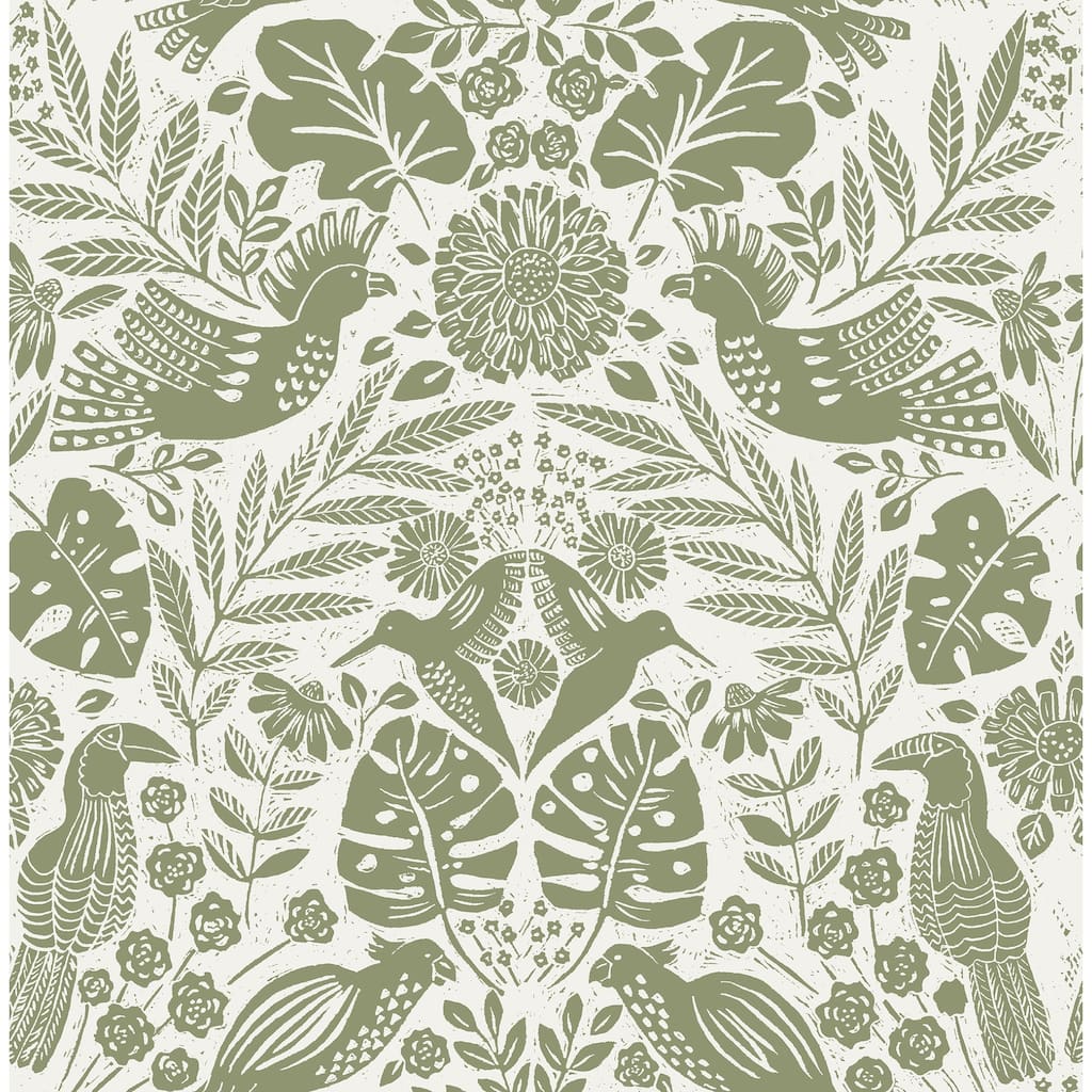 A-Street Prints Nestle Green Bird Block Print Wallpaper