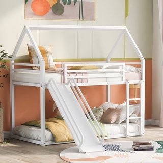Twin Over Twin House Bunk Kids Bed Frame with Ladder and Slide, Metal Frame, Guardrails for Safety for Kids' Bedroom, White