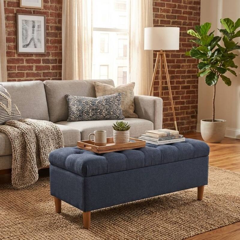 HomePop Button Tufted Top Storage Bench with Wood Legs