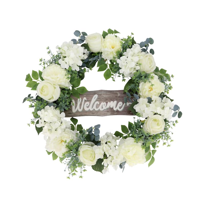 Mixed Floral Artificial Spring Wreath with Welcome Sign - 26" - White