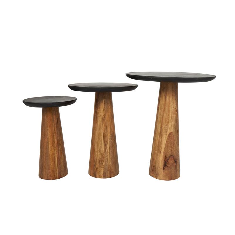 Brown Mango Wood Handmade Cone Shaped Accent Table with Black Tabletops (Set of 3)