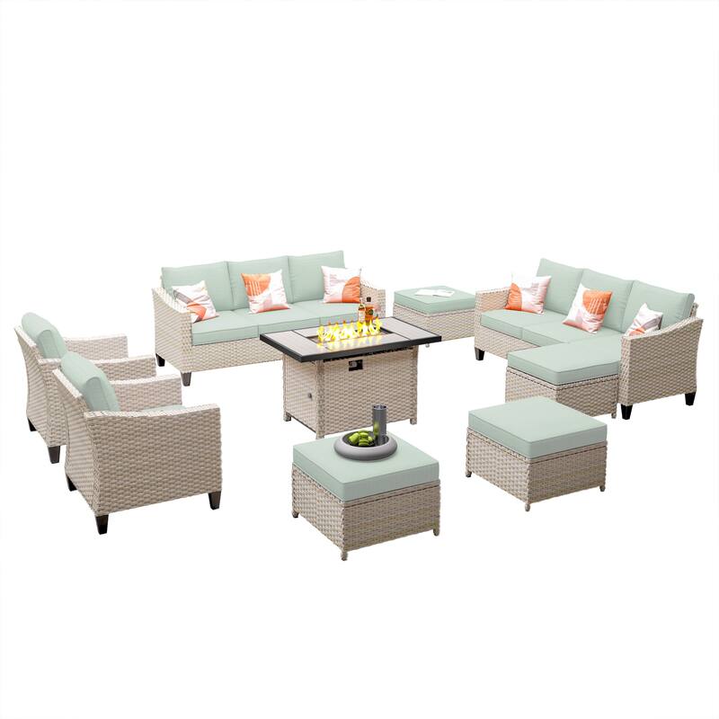 HOOOWOOO 9-piece Wicker Outdoor Patio Seating Set with Fire Pit Table