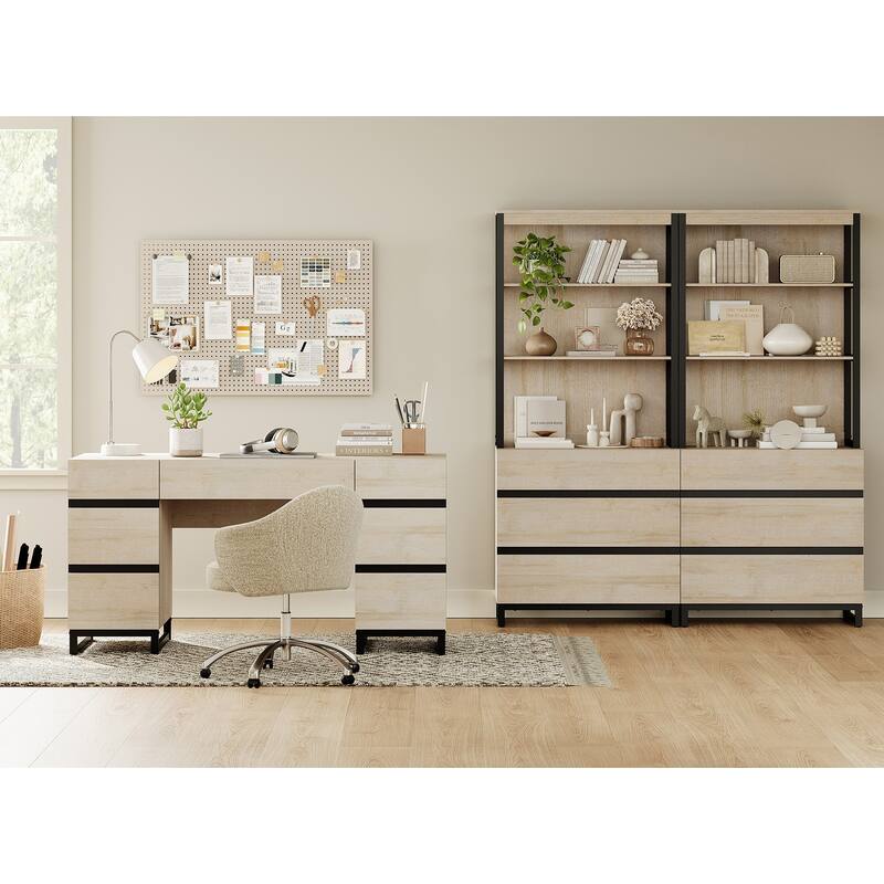 59In Modern Executive Desk With Charging Station & Drawers And 2 PCS 72In Tall BookcasesFor Living Room, Bedroom