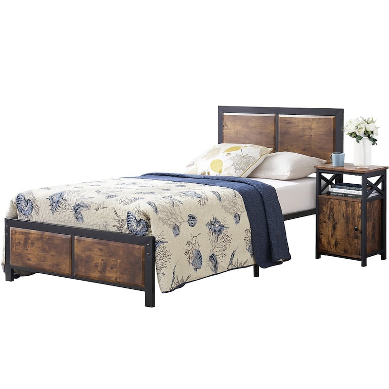 Taomika Industrial 3-pieces Bed with Wood Headboard and Nightstand Set - Brown - Twin