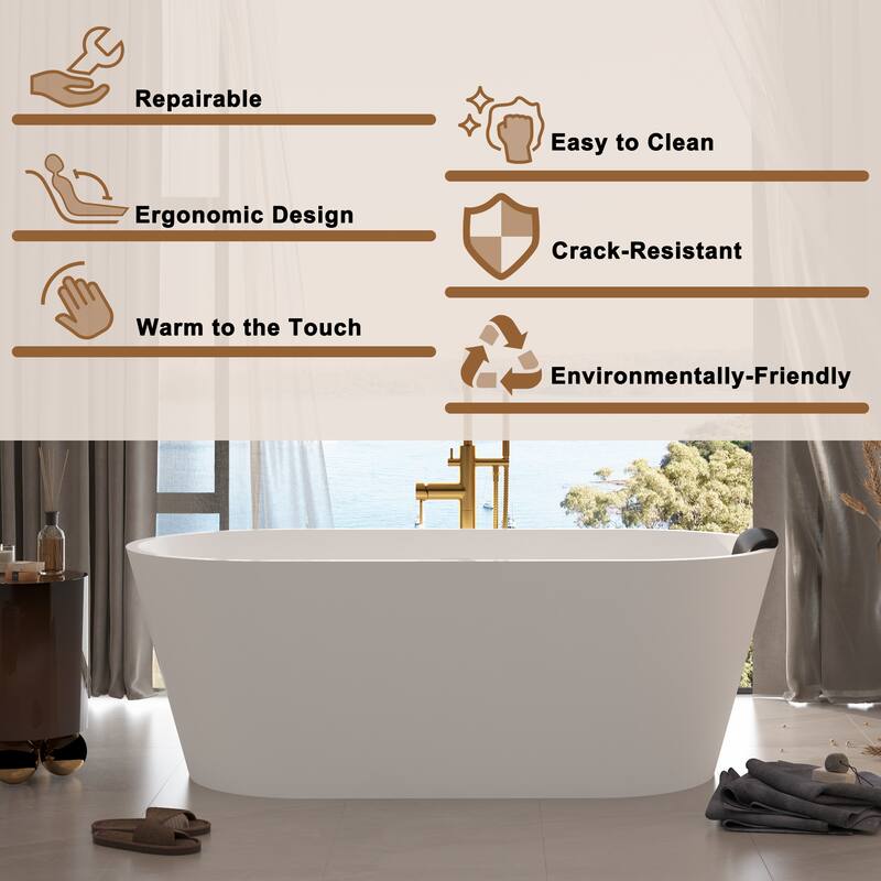 CASAINC Resin Stone Solid Surface Soaking Stand Alone Bathtub Freestanding Bathtub in Matte White
