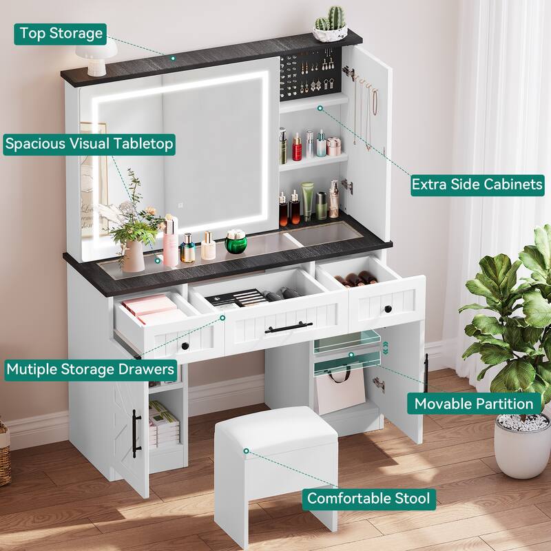 Moasis Farmhouse Vanity Set Makeup Desk with Storage Stool - 44.4"L x 15.1"W x 59"H