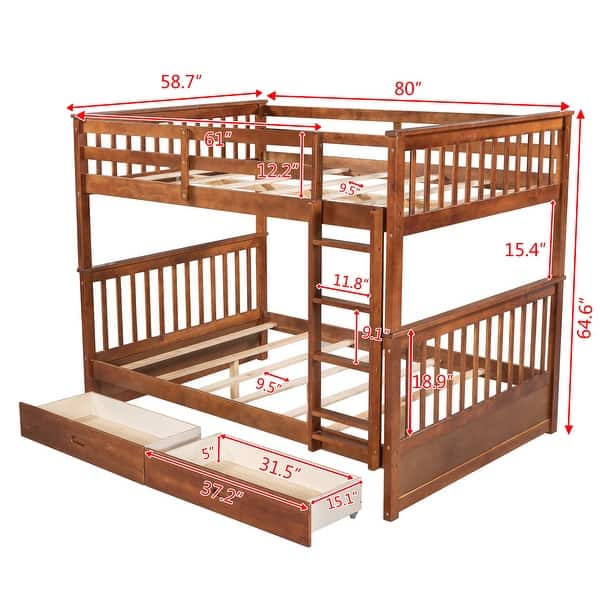 dimension image slide 2 of 5, Wooden Bunk Bed Frame with Pull Out Storage Drawers, Headboard, Footboard, Ladder, Full-length Guardrail for Kids, Teens