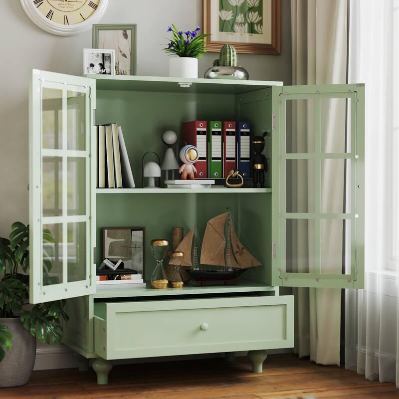 Accent Cabinet with Glass Doors and Drawers, Wooden Buffet and Sideboard Cupboard with Storage
