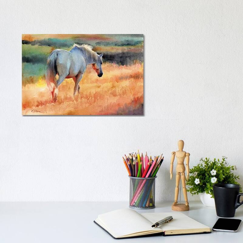 iCanvas "White Horse In Golden Fields" by Watercolor Luv Canvas Print - 8x12x0.75