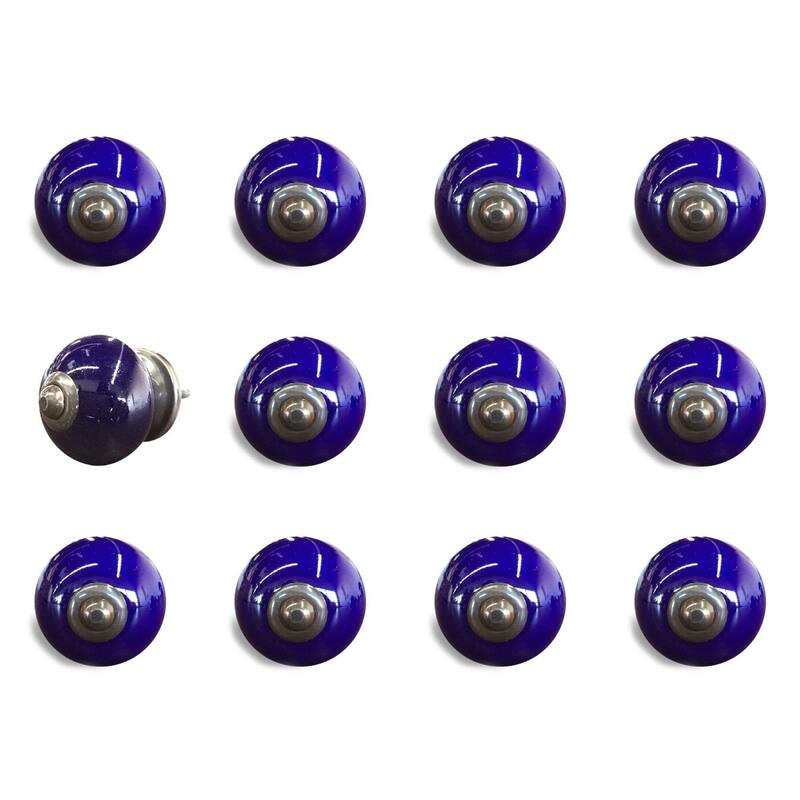 12-Piece Ceramic Round Cabinet Knobs in Navy Blue with Floral Pattern and Copper Backplate Included - 1.5” x 1.5” x 1.5”