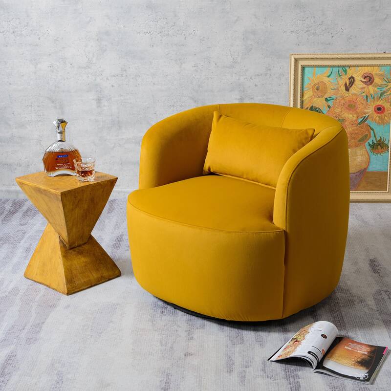 KINWELL 34" Wide Velvet Upholstered Swivel Accent Chair with Toss Pillow - Set of 1 - Yellow Ochre Velvet