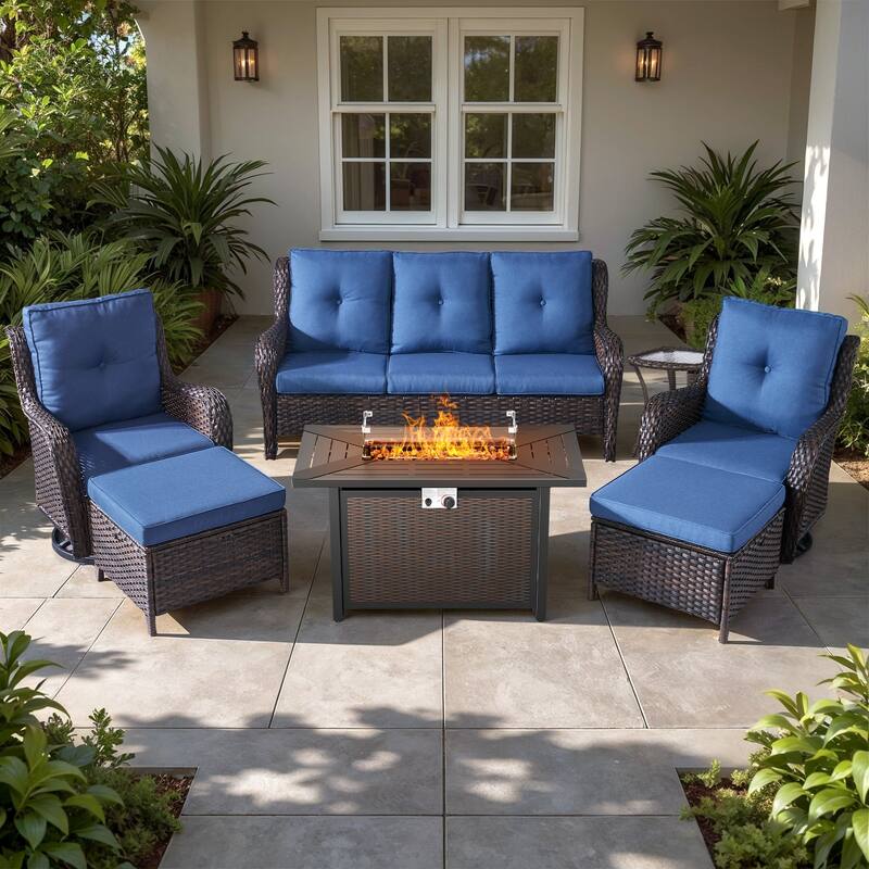 Gymojoy 7-Piece Patio Set w/ 55K BTU Fire Pit, 3-Seater Sofa, Swivel Rockers & Ottomans for Backyard, Deck - Brown Wicker / Blue Cusion - 7-Piece
