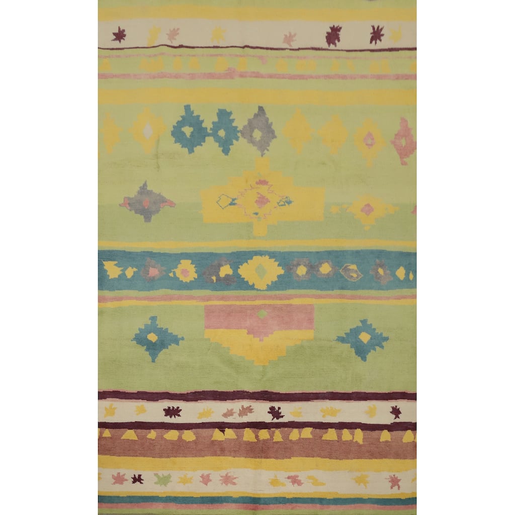 Hand Knotted Oriental 100% Wool Carpet Modern Geometric Green Gabbeh Area Rug - 9' 2'' X 5' 10''