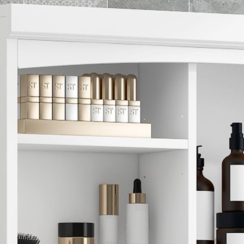 Freestanding 70.9 Inch Bathroom Cabinet with Hamper, 2 Drawers, Open Shelves & Steel Handles, White Finish