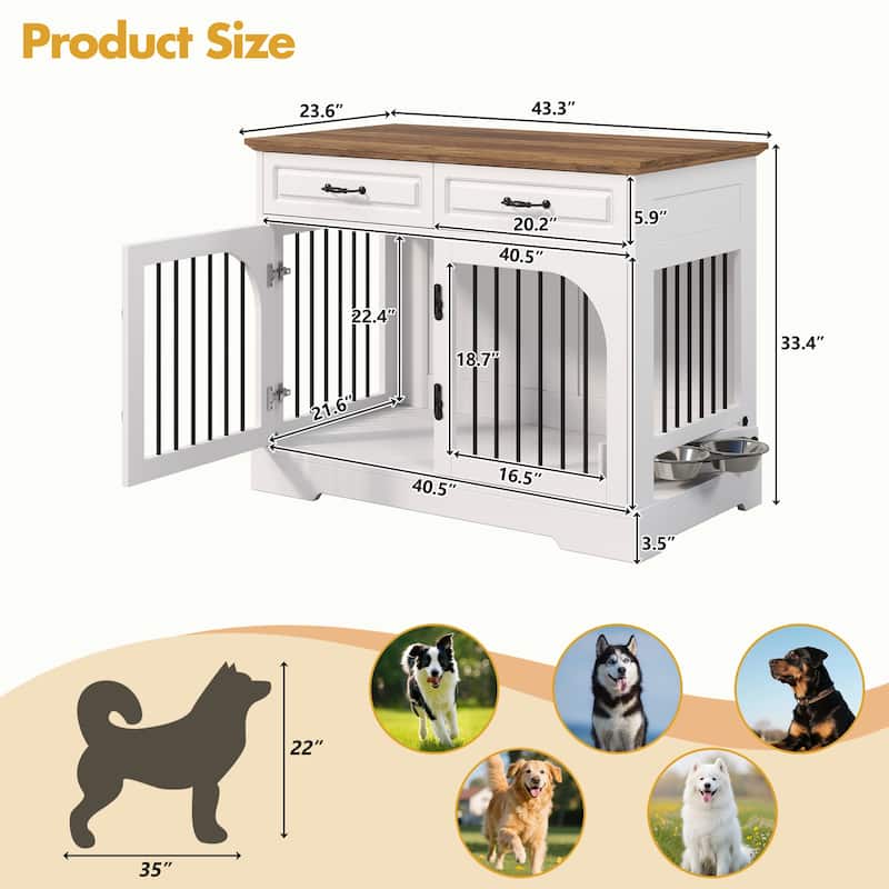 43.3" Dog Crate Furniture, Heavy Duty Indoor Dog Kennel with 2 Storage Drawers, Dog Cage with Side Doors for Medium Large Dogs