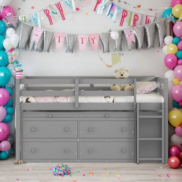 slide 2 of 9, Modern Twin Size Loft Bed with Retractable Writing Desk and 4 Drawers and Lateral Portable Desk and Shelves Grey