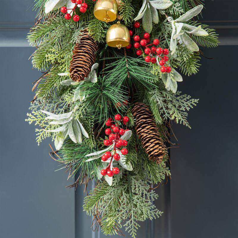 Glitzhome Christmas Berry Bow Pinecone Bell Holy Leaf Teardrop Swag Xmas Wreath