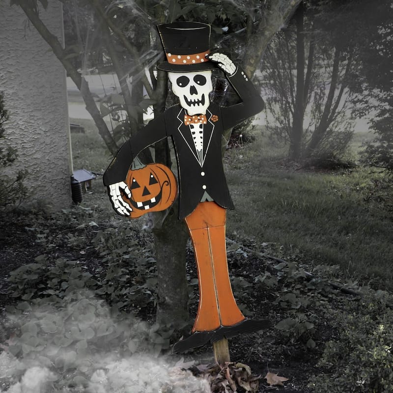 Haunted Hill Farm 46-In. Skeleton Holding a Carved Pumpkin Wood Yard Stake for Halloween Decoration