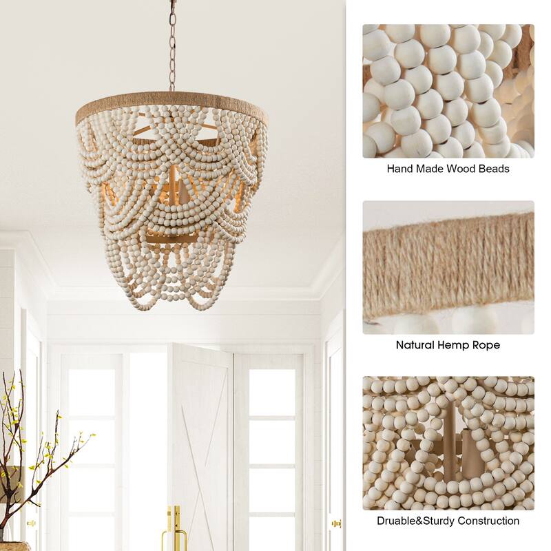 19.7" Bohemian Layered Wood Beads Basket Chandelier Light