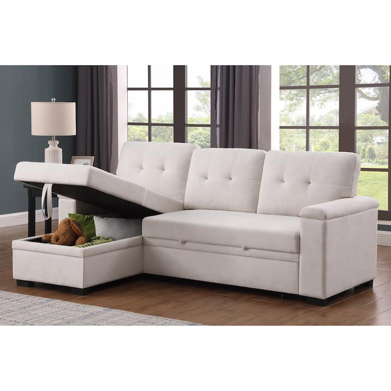 84.5"W Beige Woven Reversible Sleeper Sectional Sofa with Storage Chaise, 53x84x34 inches, 188 lbs