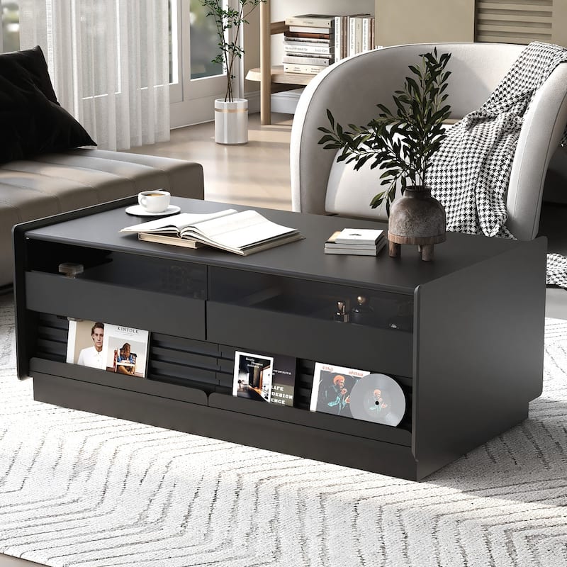 Modern Rectangle Coffee Table with 4 Drawers and 2 Display Shelves, 47.2" Wood Coffee Table with Fluted Style, Tempered Glass