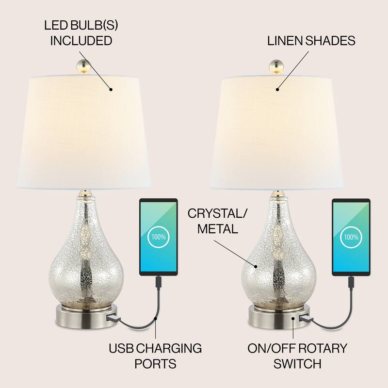 Lily 21" Farmhouse Industrial Iron/Glass LED Table Lamp with USB Charging Port, Silver (Set of 2) by JONATHAN Y