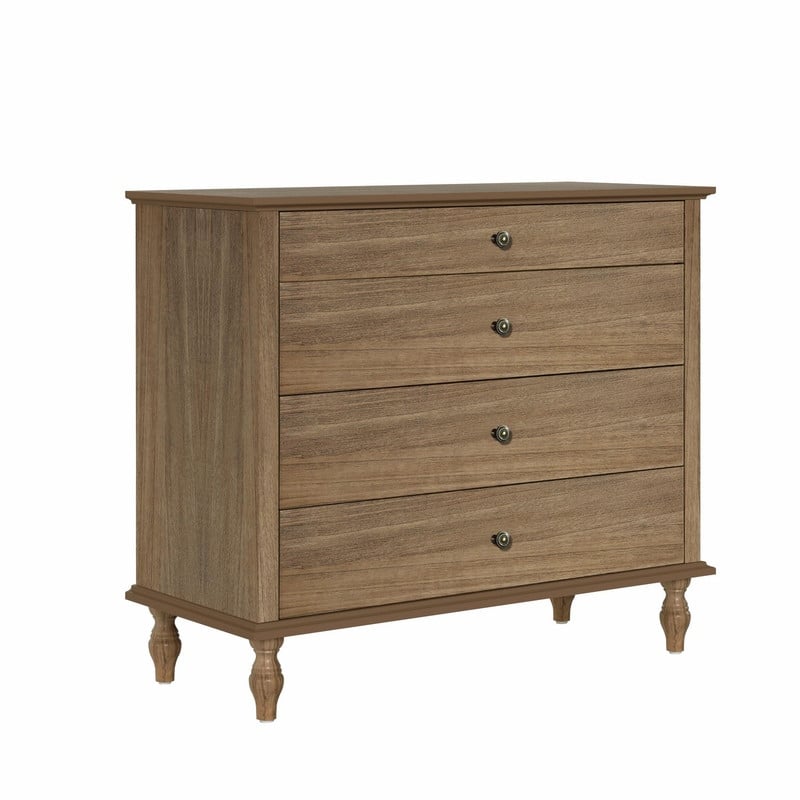 Large 4-Drawer Wood Dresser with Solid Wood Feet, Brown Finish & Metal Knobs, Antique Storage Chest
