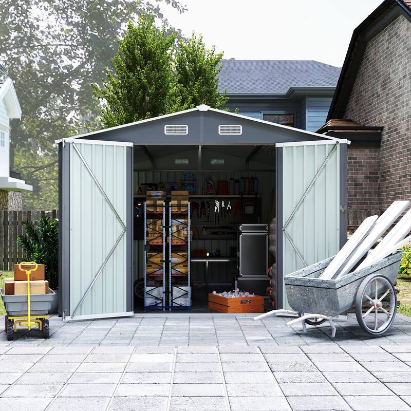 Outdoor Storage Shed 9×11 FT with 3 Lockable Doors,Utility Tool Shed Metal Storage Garden Sheds 4 Vents,Metal Sheds