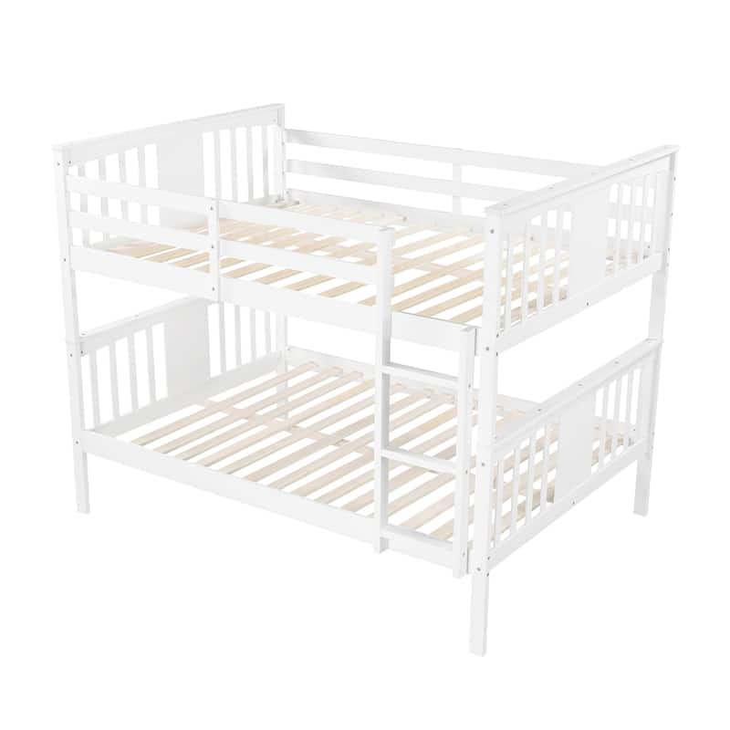 Full Over Full Bunk Bed with Ladder, Convertible to Two Full Beds, Solid Pine Frame, White