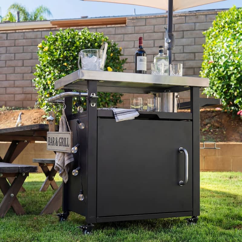 39.5"Outdoor Grill Cart with Storage Cabinet,Bar Cart Pizza Oven Table with Wheels,Stainless Steel Top,with Spice & Paper Rack
