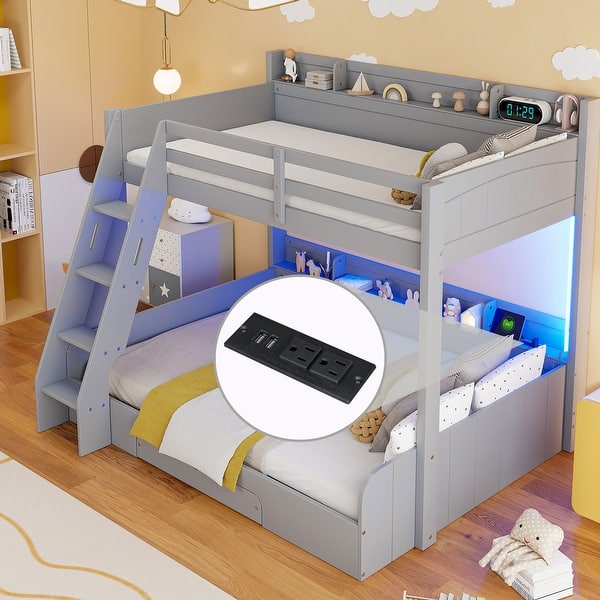 slide 2 of 28, Twin Over Full Bunk Bed with Storage Shelves & Charging Station, Wood Bunk Bed Frame with Ladder and Built-in Drawer, Led Lights Grey - Full