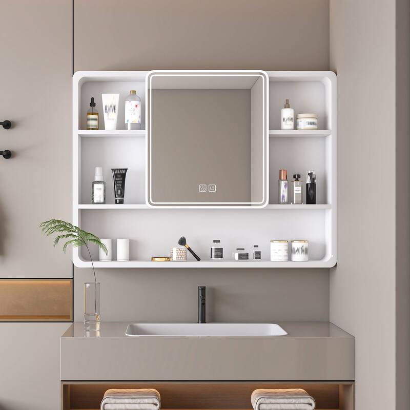 Bathroom Medicine Cabinet with LED Lighting, Defogger, Cosmetic Storage Rack & Hair Dryer Holder - 27.56X35.43 in - 27.56X35.43 in - White + Aluminium