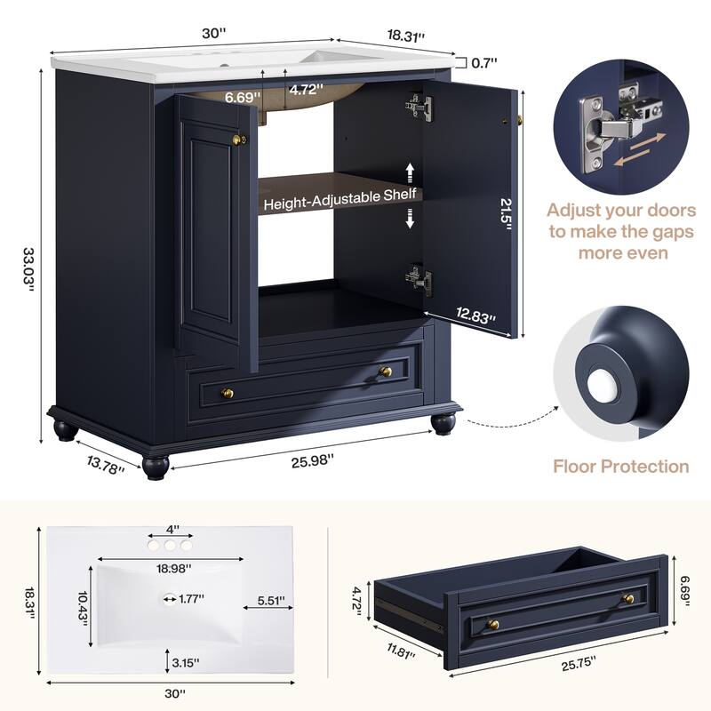 Solid Wood Modern Bathroom Vanity with Ceramic Sink, Adjustable Shelf Storage