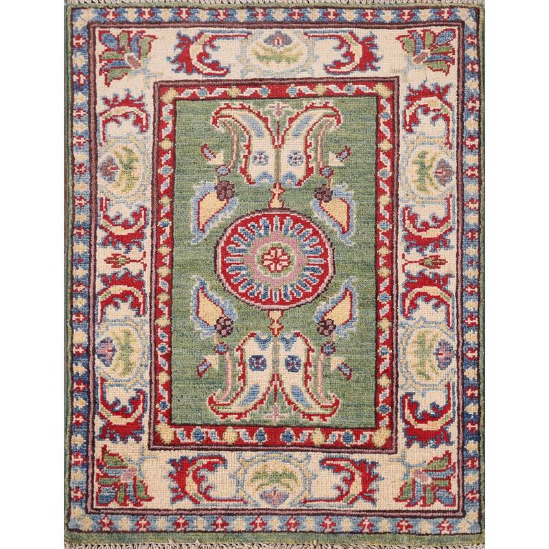 Green Geometric Kazak Foyer Rug Hand-Knotted Wool Carpet - 2'0" x 2'8"