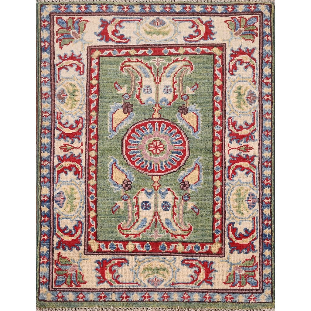 Green Geometric Kazak Foyer Rug Hand-Knotted Wool Carpet - 2'0" x 2'8"