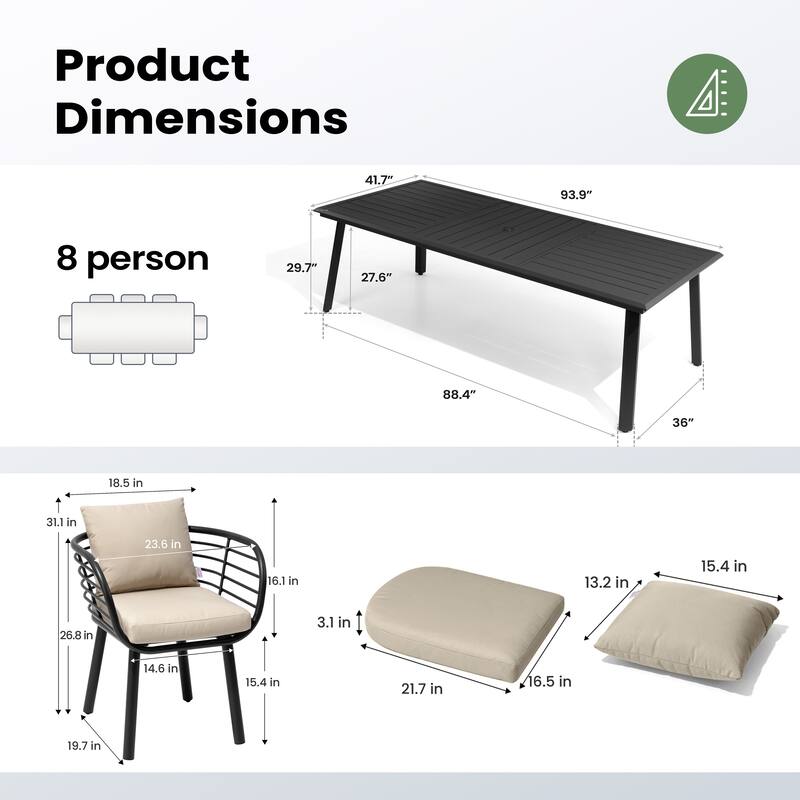9-PC Outdoor Patio Aluminum Dining Set Table With Dining Chairs Sunbrella Seat&Back Cushions Umbrella Hole