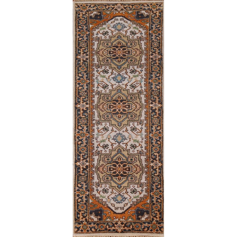 Geometric Beige Heriz Serapi Runner Rug Hand-Knotted Wool Carpet - 2'5"x 8'1"