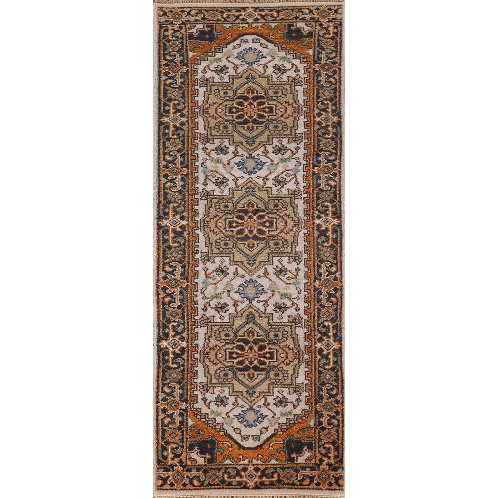 Geometric Beige Heriz Serapi Runner Rug Hand-Knotted Wool Carpet - 2'5"x 8'1"
