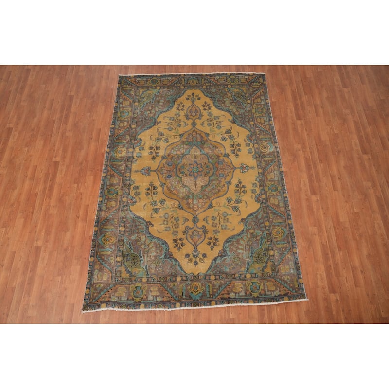 Hand Knotted Oriental 100% Wool Carpet Traditional Floral Yellow & Gold Tabriz Area Rug - 9' 6'' X 6' 7''